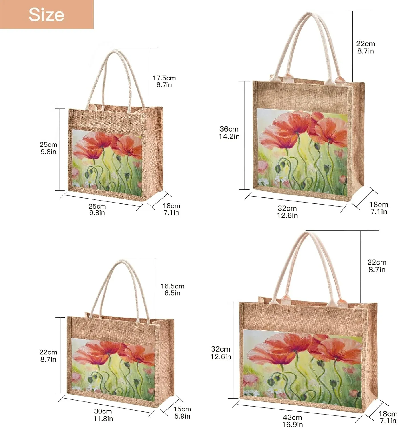Poppy Floral Jute Burlap Tote Bag Seasonal Spring Flowers Reusable Grocery Shopping Bag Beach Bag Market Bags With Handle for Wedding Party Gift DIY 12.6 x 14.2 x 7.1 inch