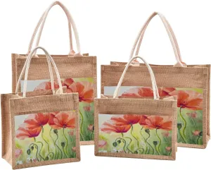 Poppy Floral Jute Burlap Tote Bag Seasonal Spring Flowers Reusable Grocery Shopping Bag Beach Bag Market Bags With Handle for Wedding Party Gift DIY 12.6 x 14.2 x 7.1 inch