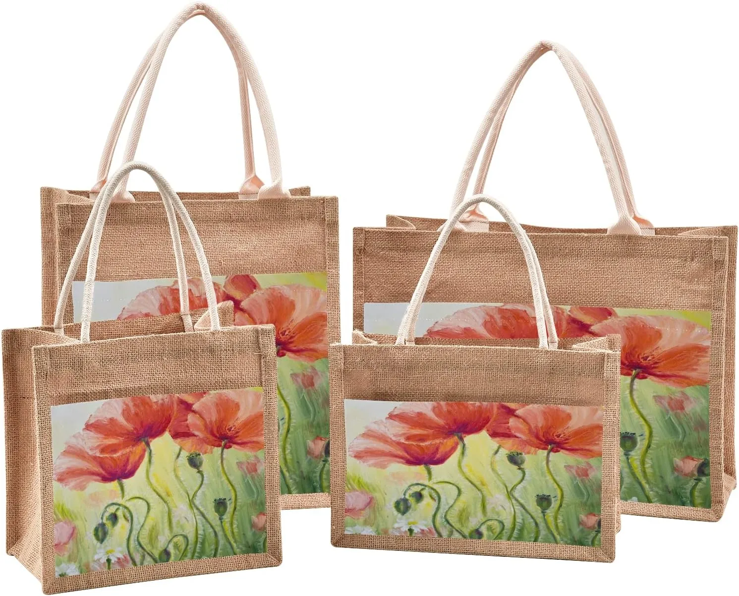 Poppy Floral Jute Burlap Tote Bag Seasonal Spring Flowers Reusable Grocery Shopping Bag Beach Bag Market Bags With Handle for Wedding Party Gift DIY 12.6 x 14.2 x 7.1 inch