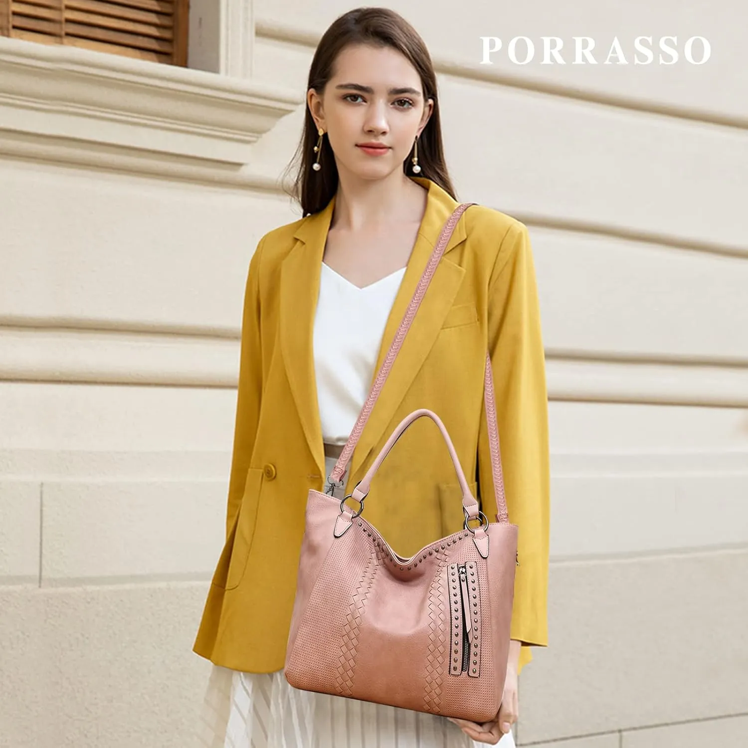 PORRASSO Fashion Tote Bag Women Handbag Shoulder Bag Ladies Crossbody Bag Large Top-handle Bag PU Leather Messenger Bag Travel Work Dating Satchel Pink