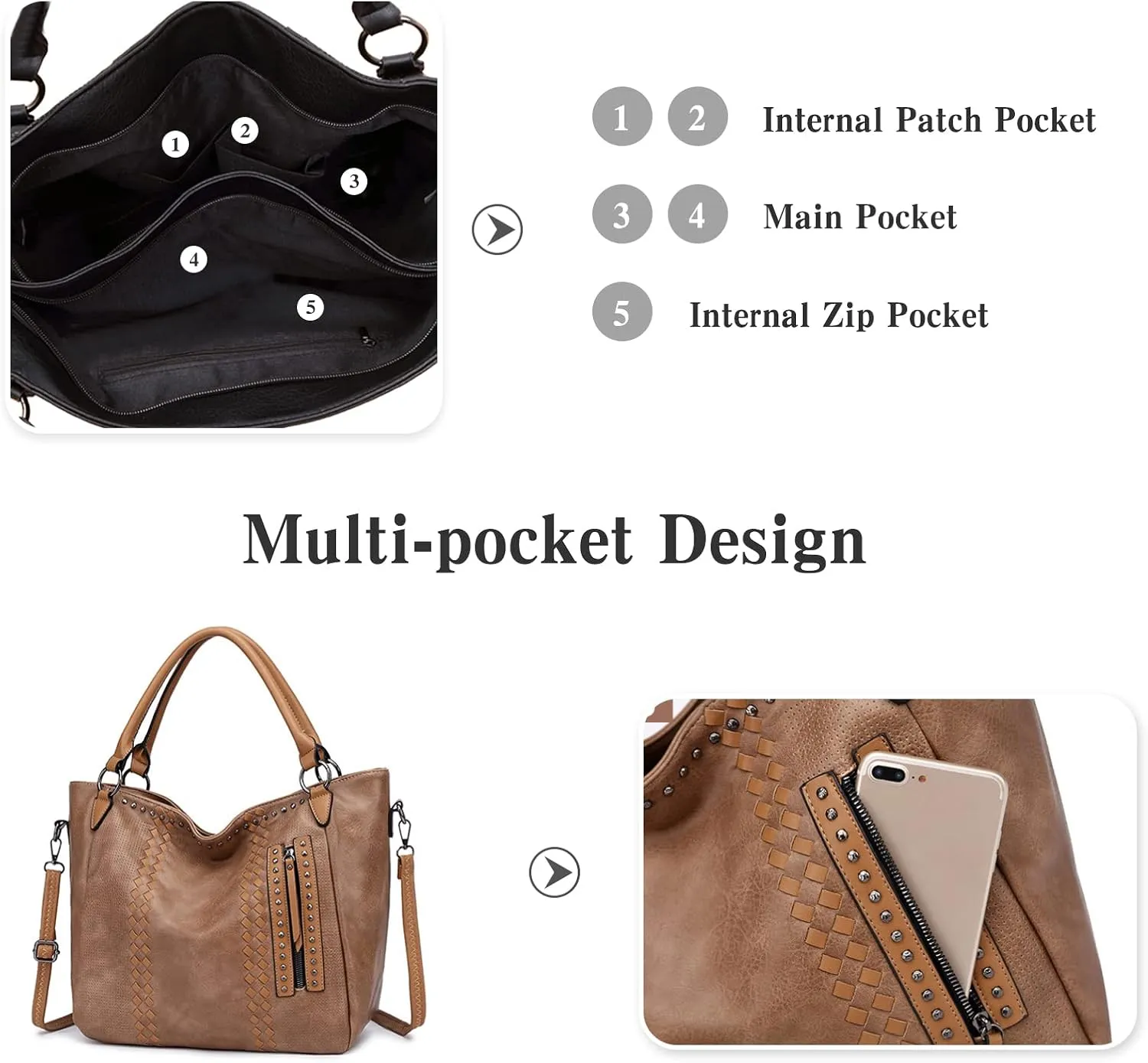 PORRASSO Fashion Tote Bag Women Handbag Shoulder Bag Ladies Crossbody Bag Large Top-handle Bag PU Leather Messenger Bag Travel Work Dating Satchel Pink