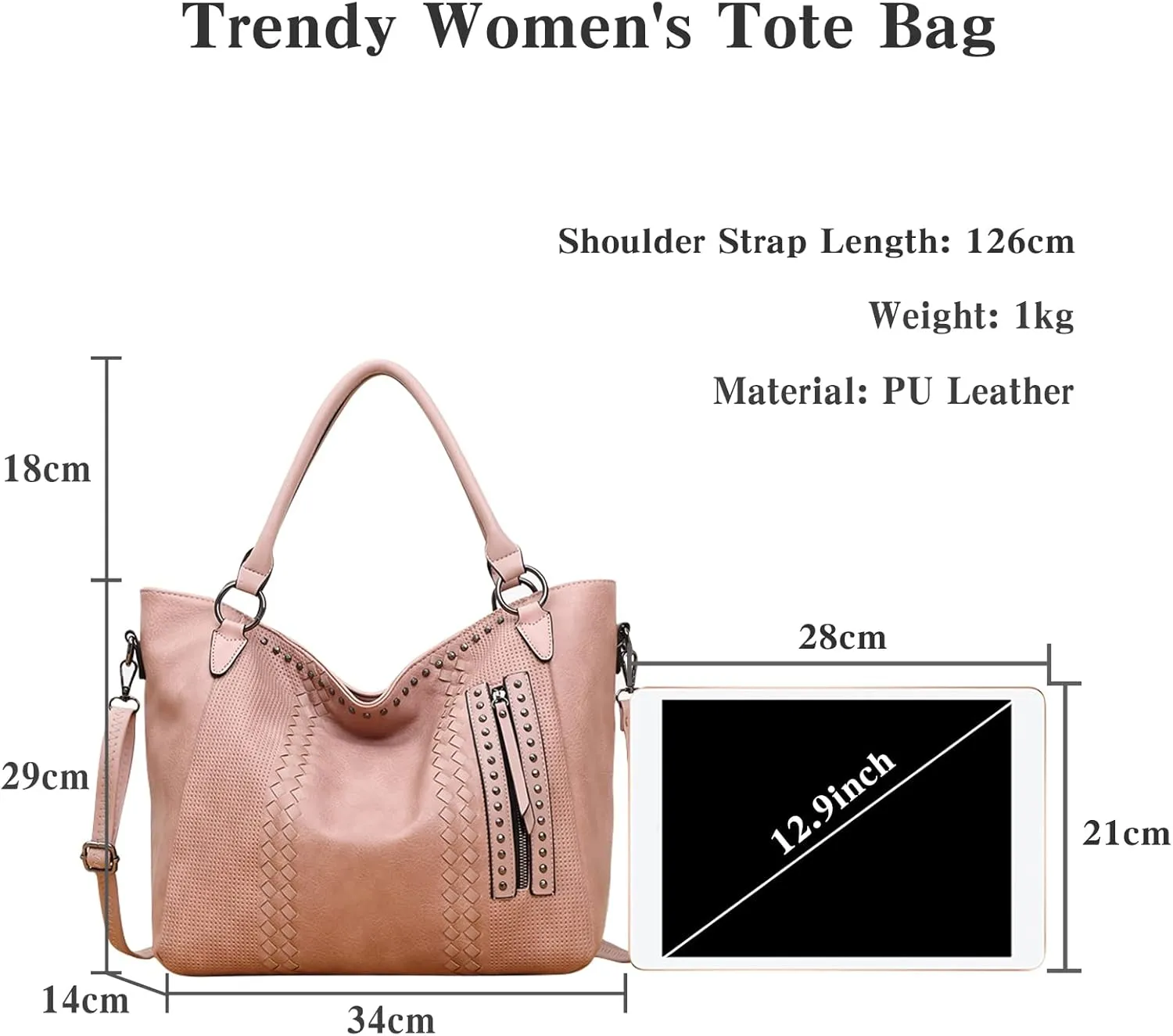 PORRASSO Fashion Tote Bag Women Handbag Shoulder Bag Ladies Crossbody Bag Large Top-handle Bag PU Leather Messenger Bag Travel Work Dating Satchel Pink