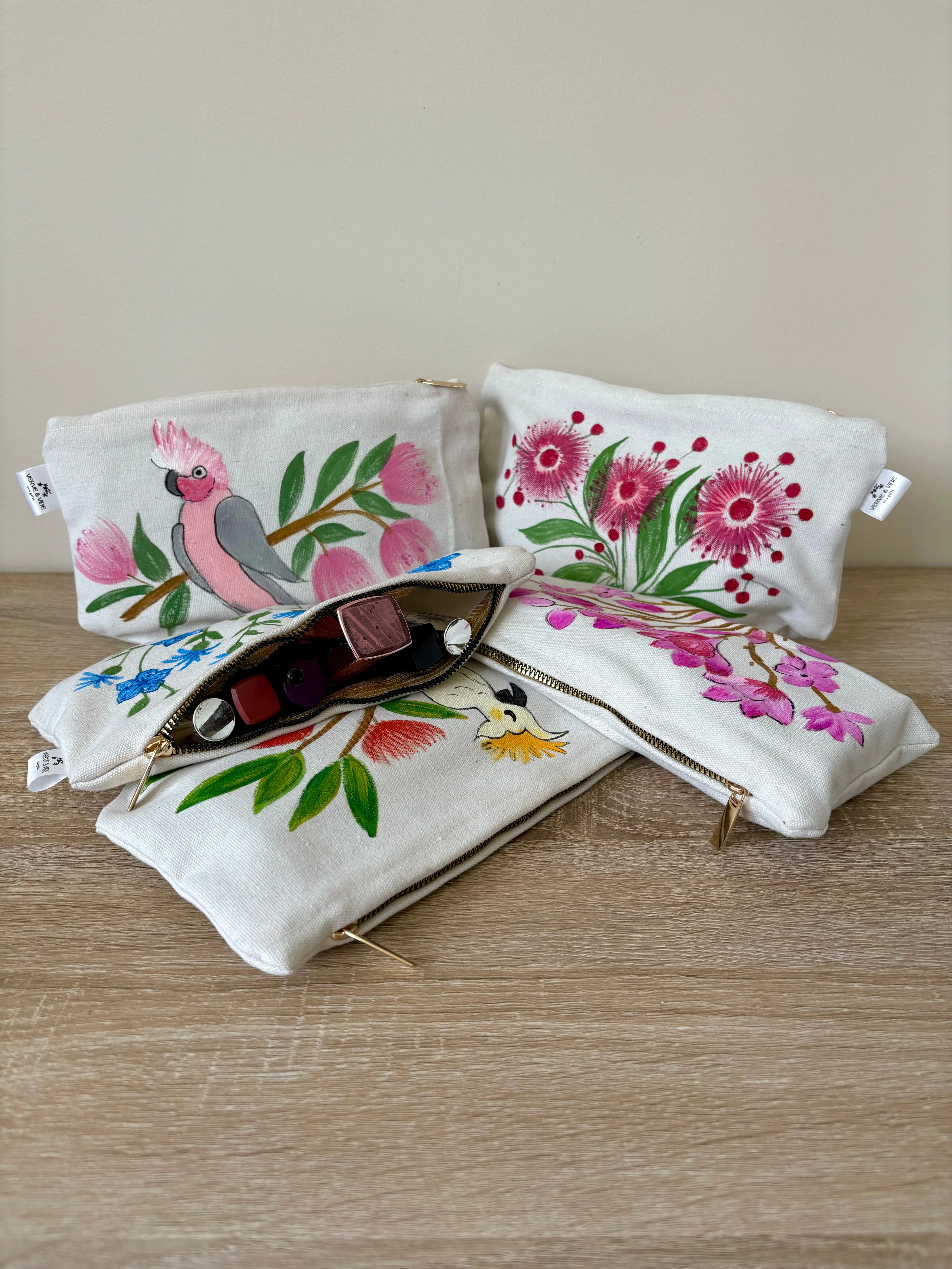 Pretty Pink Galah - Hand Painted,Canvas Zippered Pouch