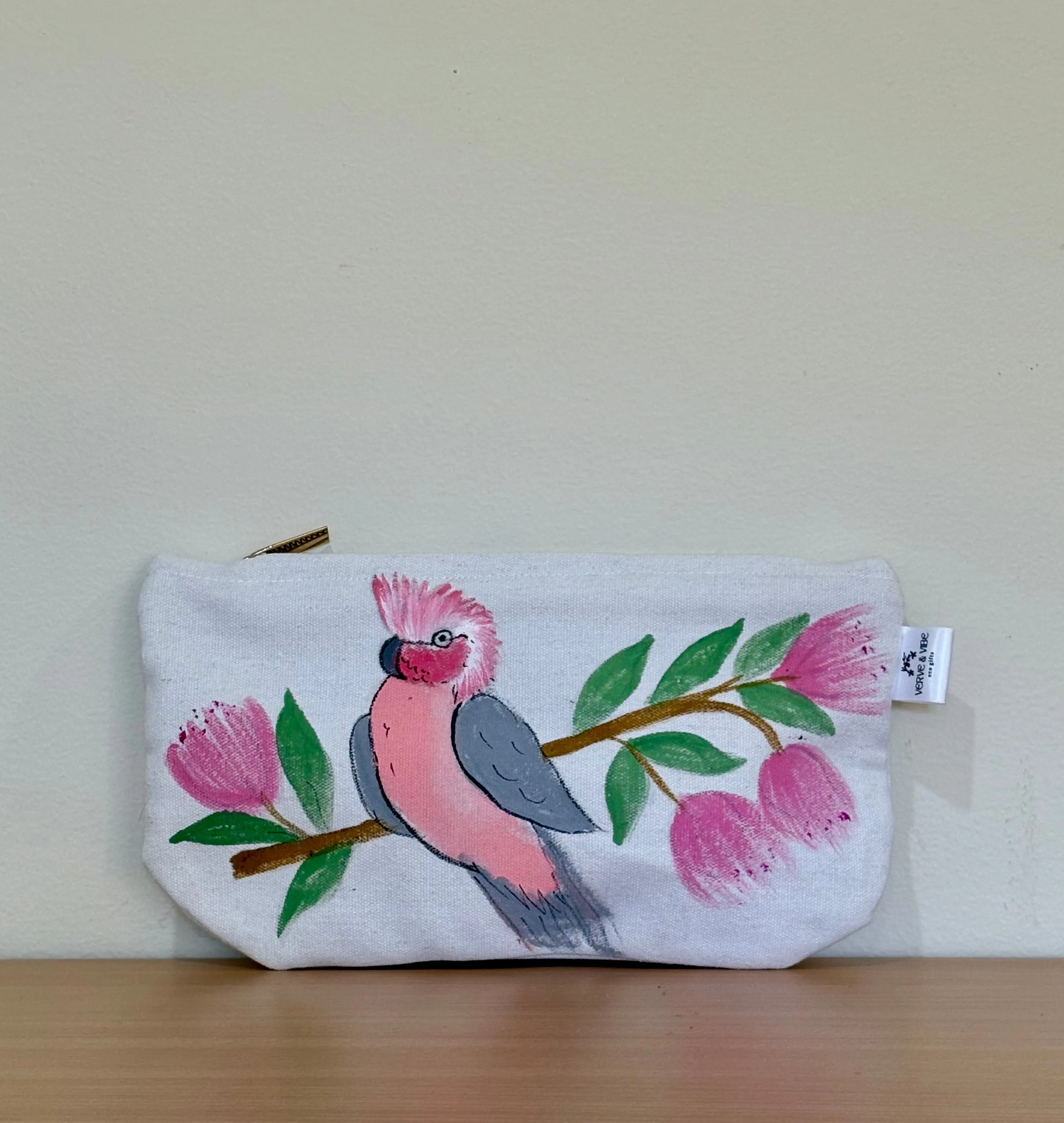 Pretty Pink Galah - Hand Painted,Canvas Zippered Pouch