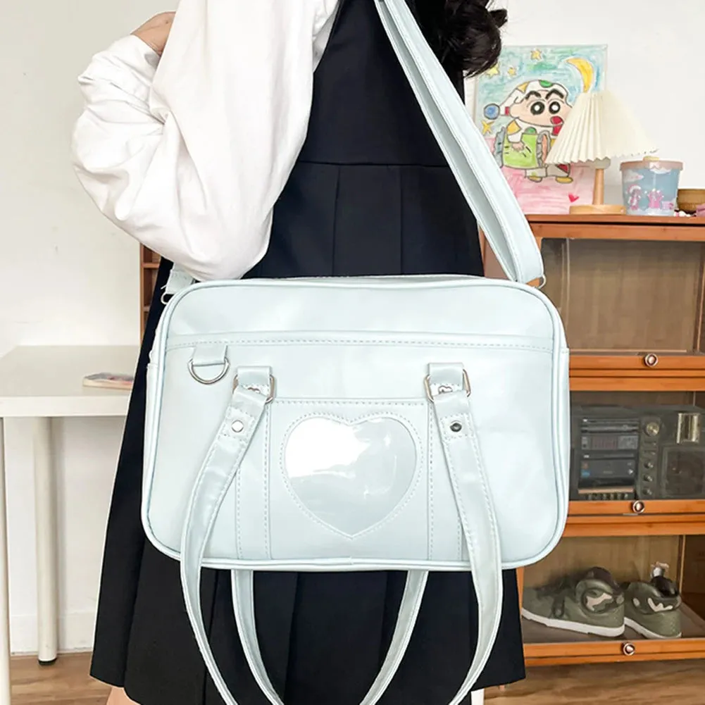 PU Japanese JK School Uniform Bag Cute Cosplay Anime Shoulder Bag Solid Transparent Heart Crossbody Bag Adjustable Strap Satchel