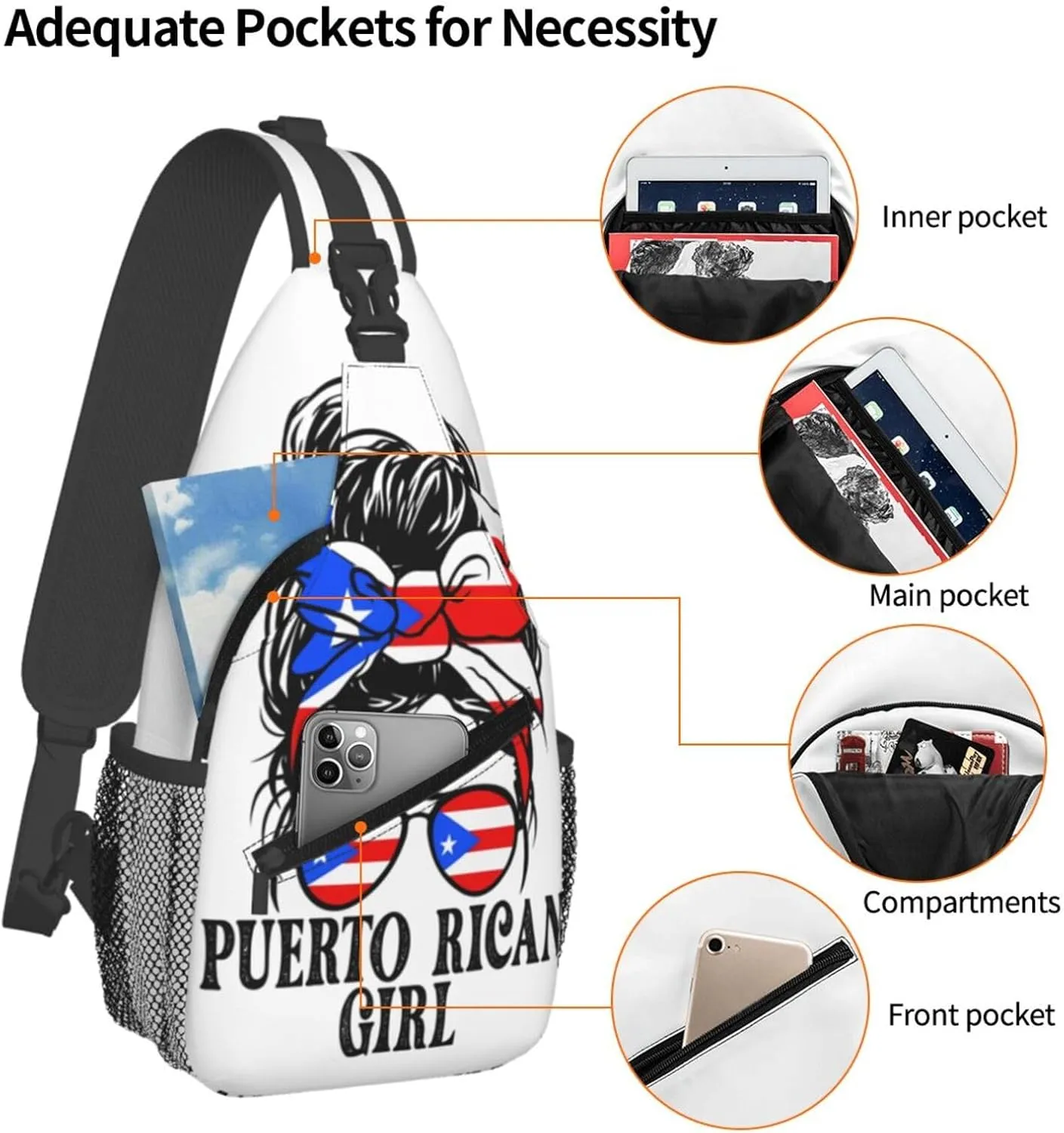 Puerto Rican Women Messy Bun Cross Chest Bag Crossbody Bags Sling Backpack Gym Shoulder Bags Sports Fanny Pack Adjustable Travel Daypack Diagonally Casual Rucksack