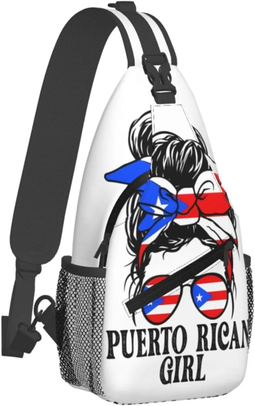 Puerto Rican Women Messy Bun Cross Chest Bag Crossbody Bags Sling Backpack Gym Shoulder Bags Sports Fanny Pack Adjustable Travel Daypack Diagonally Casual Rucksack