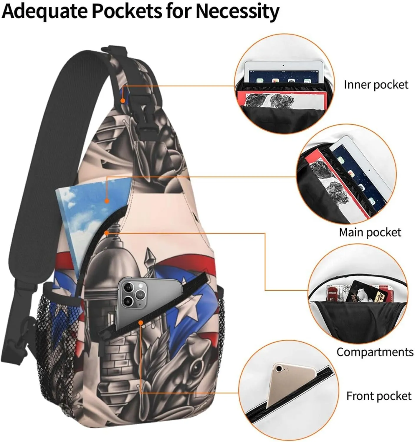 Puerto Rico Frog Castle Flag Sling Bag Casual Crossbody Bag Sports Shoulder Backpack Travel Chest Pack Cycling Cross Bags Gym Hiking Daypack