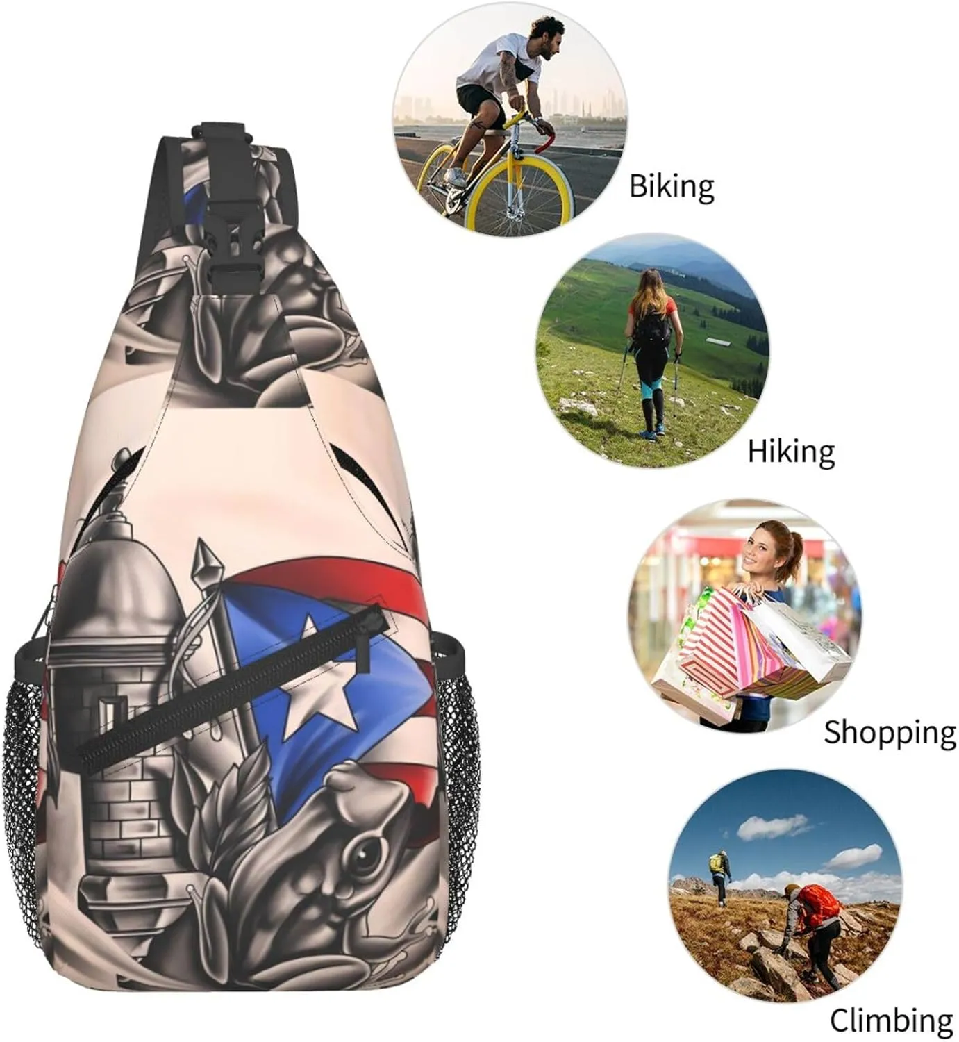 Puerto Rico Frog Castle Flag Sling Bag Casual Crossbody Bag Sports Shoulder Backpack Travel Chest Pack Cycling Cross Bags Gym Hiking Daypack