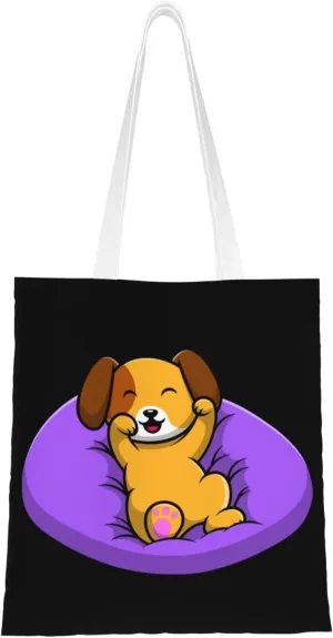 Puppy Lying on Bed Tote Bag for Women Canvas Shopping Bags Reusable Large Capacity Casual Shoulder Handbags Grocery Bags DIY Gift Bags