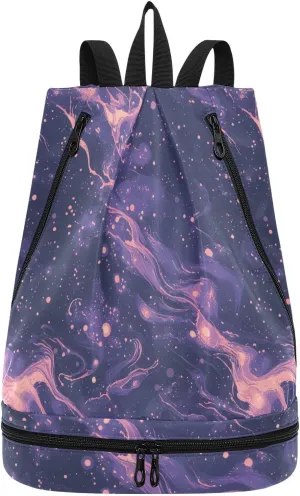 Purple Acid Fluid Drawstring sports bags hiking sports backpack with Wet Dry Compartments