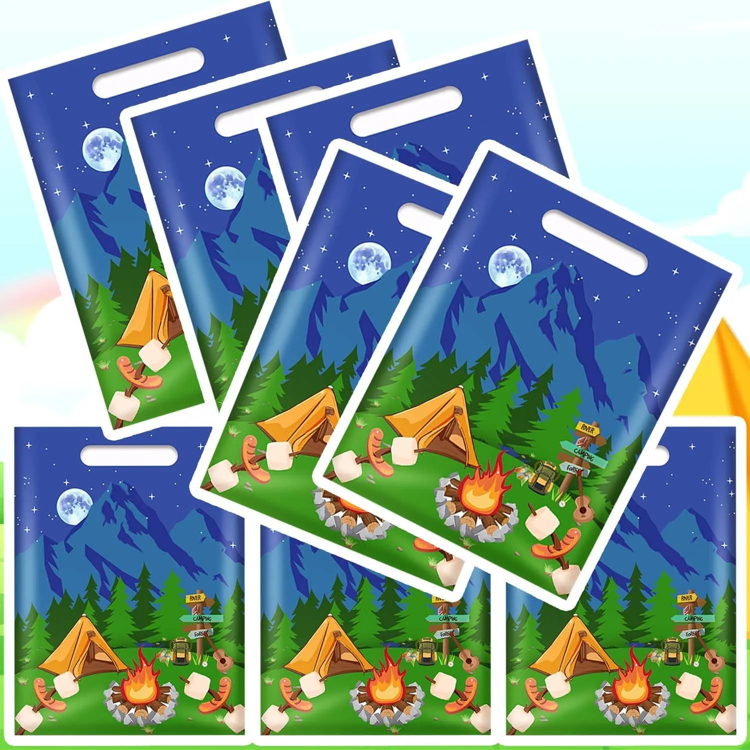 qhqqwzxqc 100PCS Camping Party Favor Bags Camping Adventure Gift Bags Happy Camper Candy Treat Bags Camping Goodie Bags for Christmas Camping Supplies Camper Theme Forest Nature Hiking Party