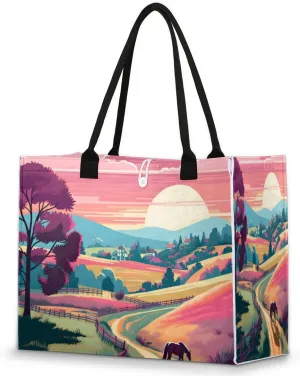 QsirBC Classic Village Texture Tote Bag for Women Shoulder Bags with Pockets Handbags Purses Large Totes