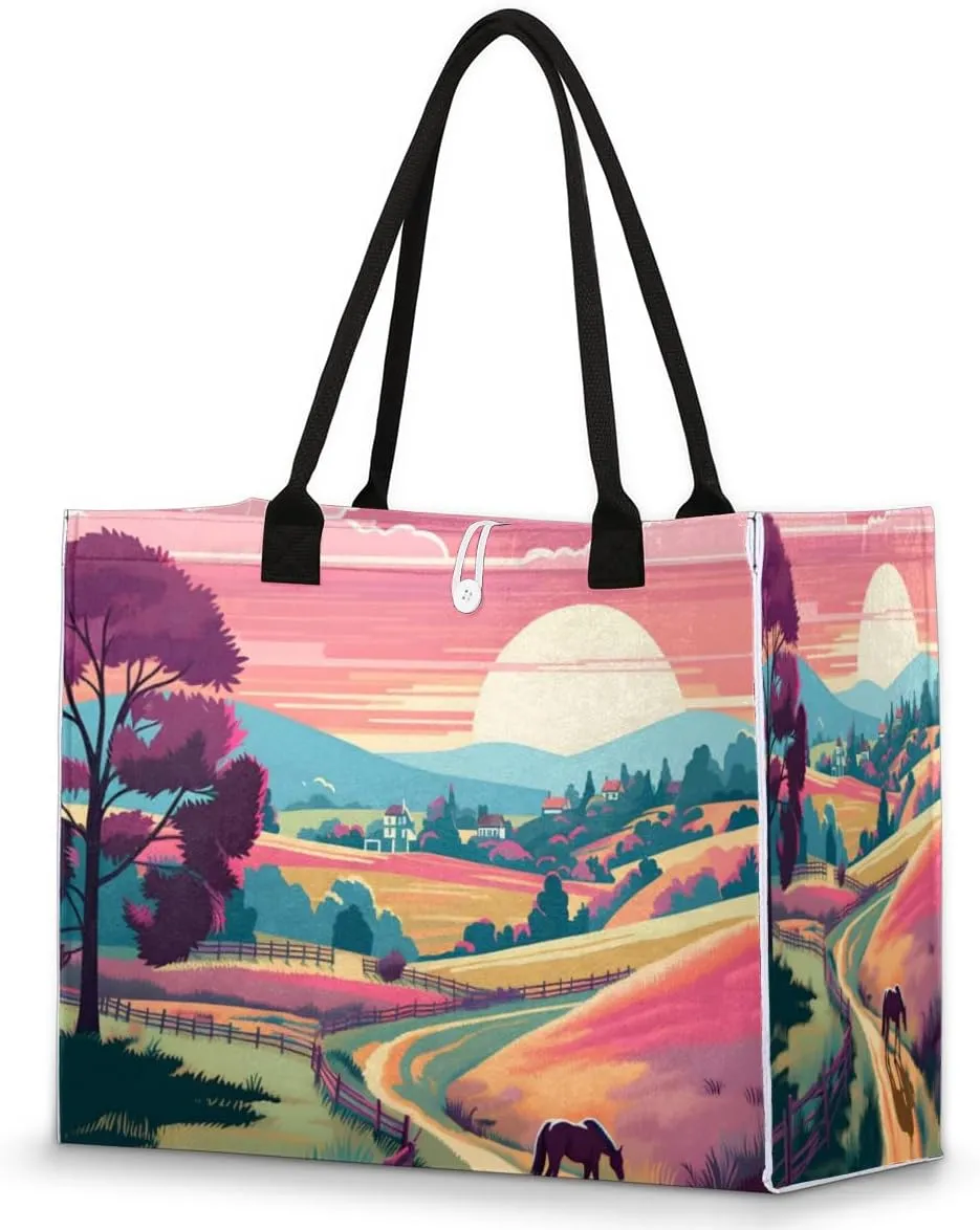 QsirBC Classic Village Texture Tote Bag for Women Shoulder Bags with Pockets Handbags Purses Large Totes