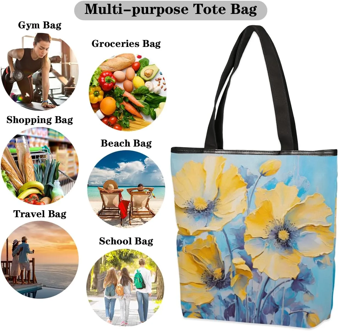 QsirBC Fun Cat Canvas Tote Bag for Women Reusable Shoulder Totebag Pocket Zipper Casual Handbag