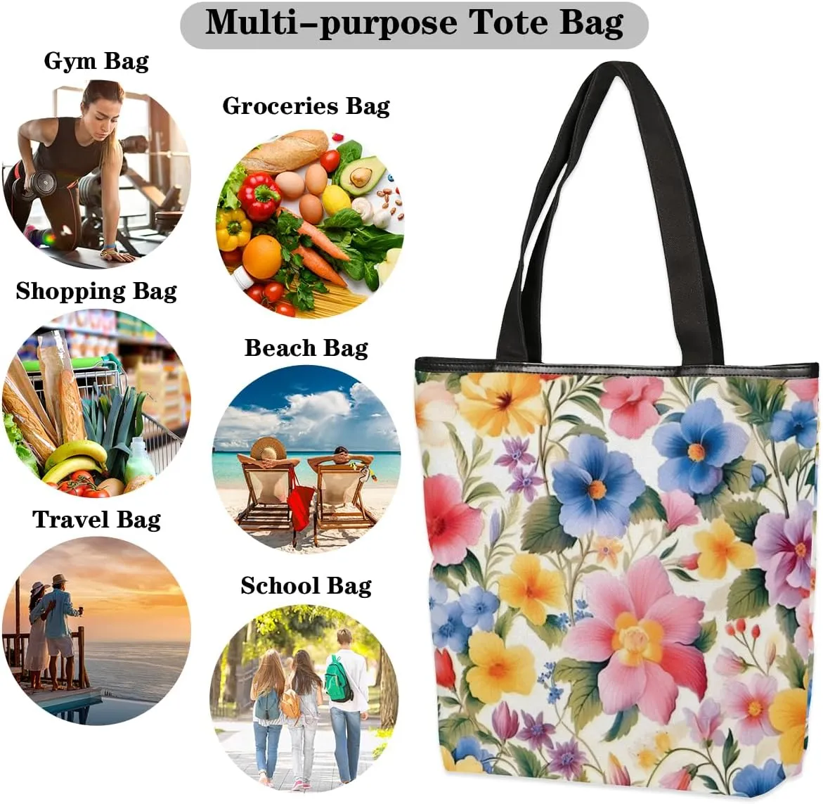QsirBC Fun Cat Canvas Tote Bag for Women Reusable Shoulder Totebag Pocket Zipper Casual Handbag