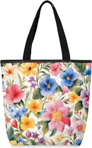 QsirBC Fun Cat Canvas Tote Bag for Women Reusable Shoulder Totebag Pocket Zipper Casual Handbag