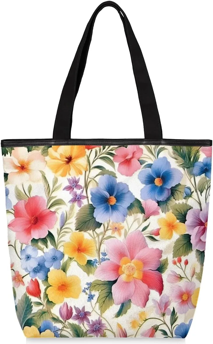 QsirBC Fun Cat Canvas Tote Bag for Women Reusable Shoulder Totebag Pocket Zipper Casual Handbag