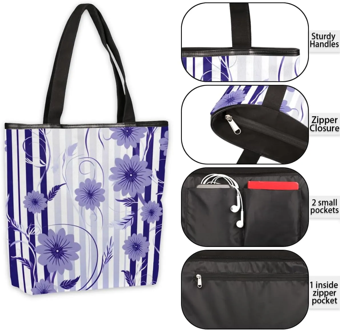 QsirBC Rabbits Animals Canvas Tote Bag for Women Reusable Shoulder Totebag Pocket Zipper Casual Handbag