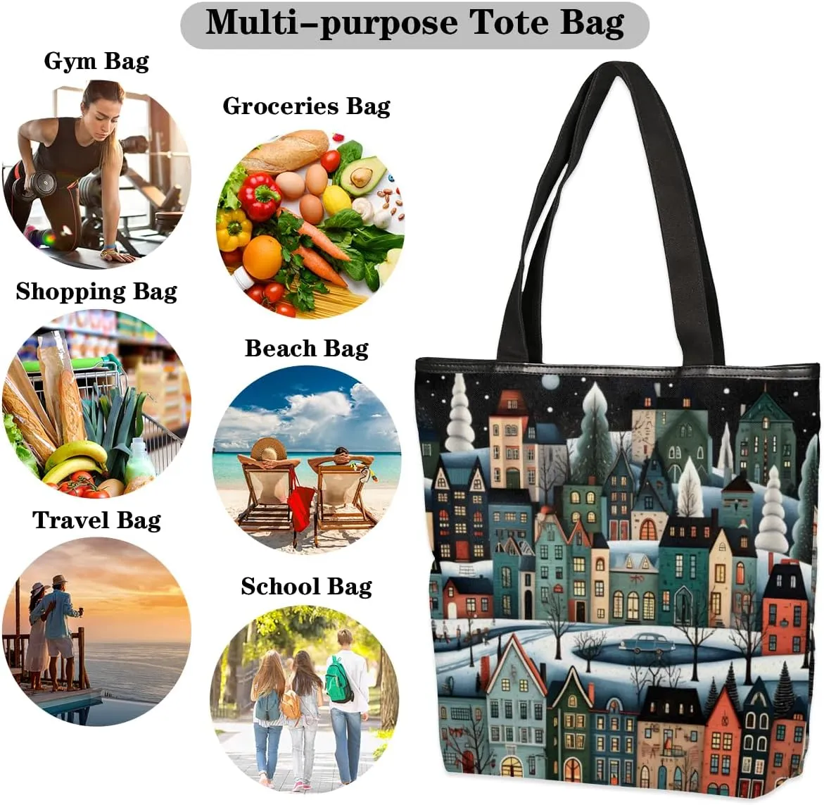 QsirBC Rabbits Animals Canvas Tote Bag for Women Reusable Shoulder Totebag Pocket Zipper Casual Handbag