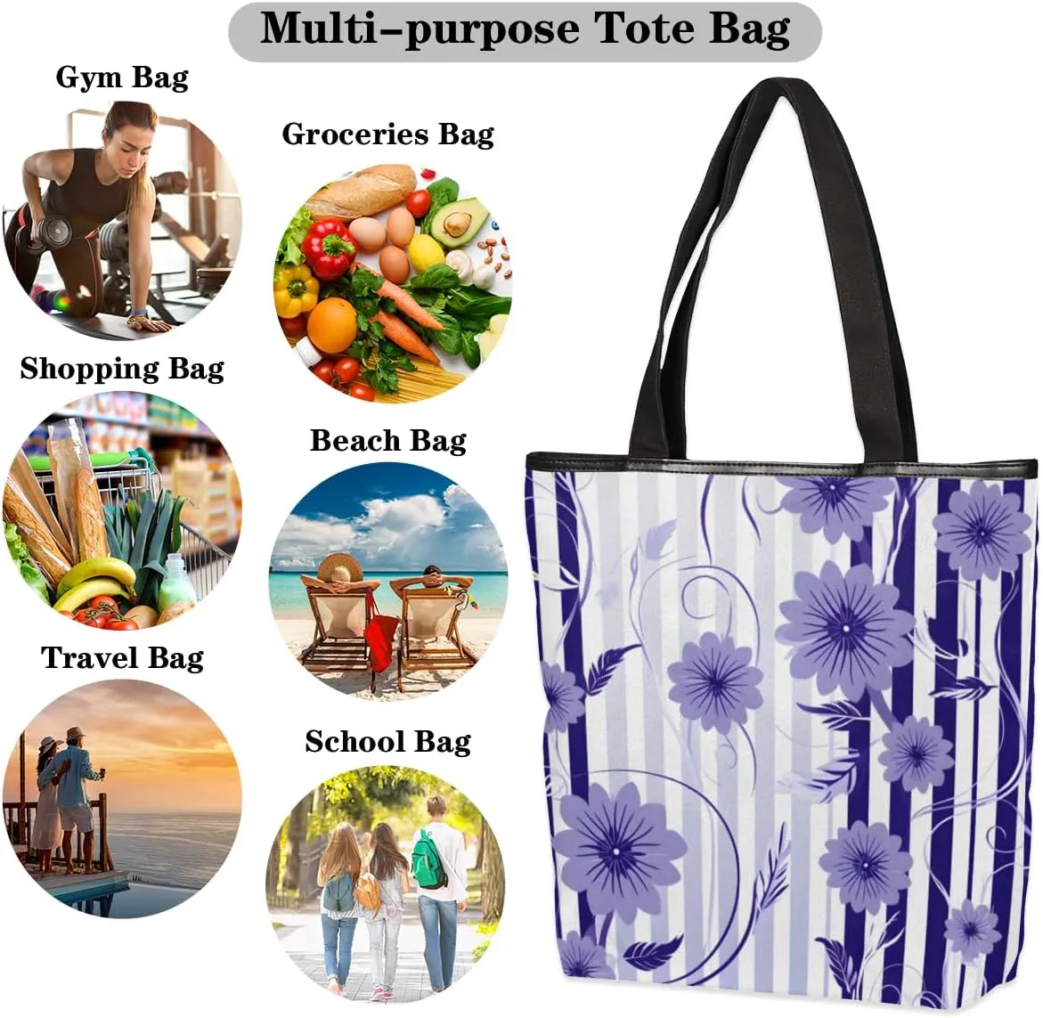 QsirBC Rabbits Animals Canvas Tote Bag for Women Reusable Shoulder Totebag Pocket Zipper Casual Handbag