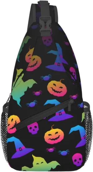 Rainbow Halloween Ghost Witch Hat Spiders Print Cross Chest Bag Diagonally,Sling Bag,Shoulder Bag For Travel, Hiking, Work