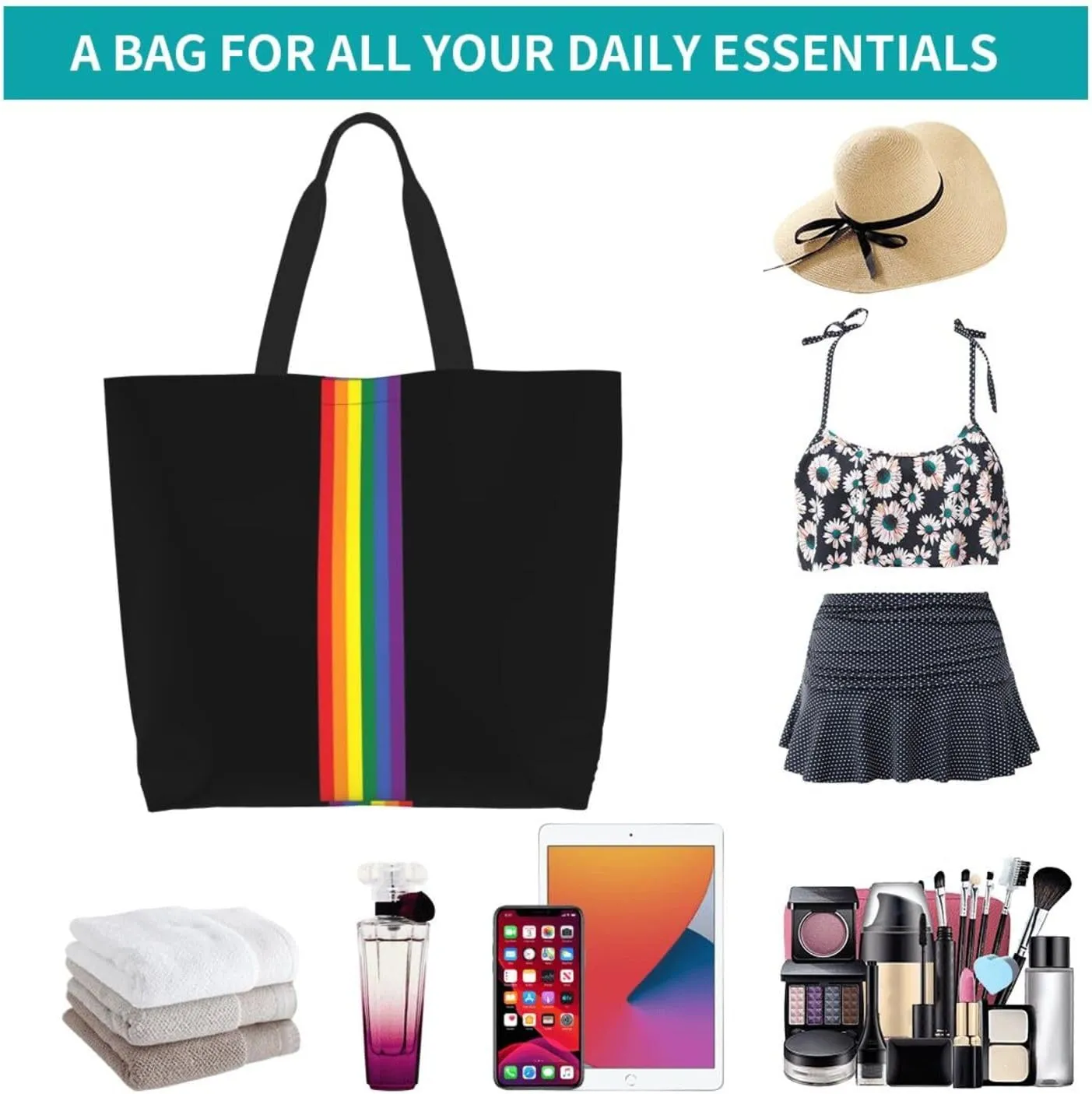 Rainbow LGBT Gay Pride Tote Bag for Women Men Large Reusable Grocery Shoulder Bags for Shopping, Gym, Beach