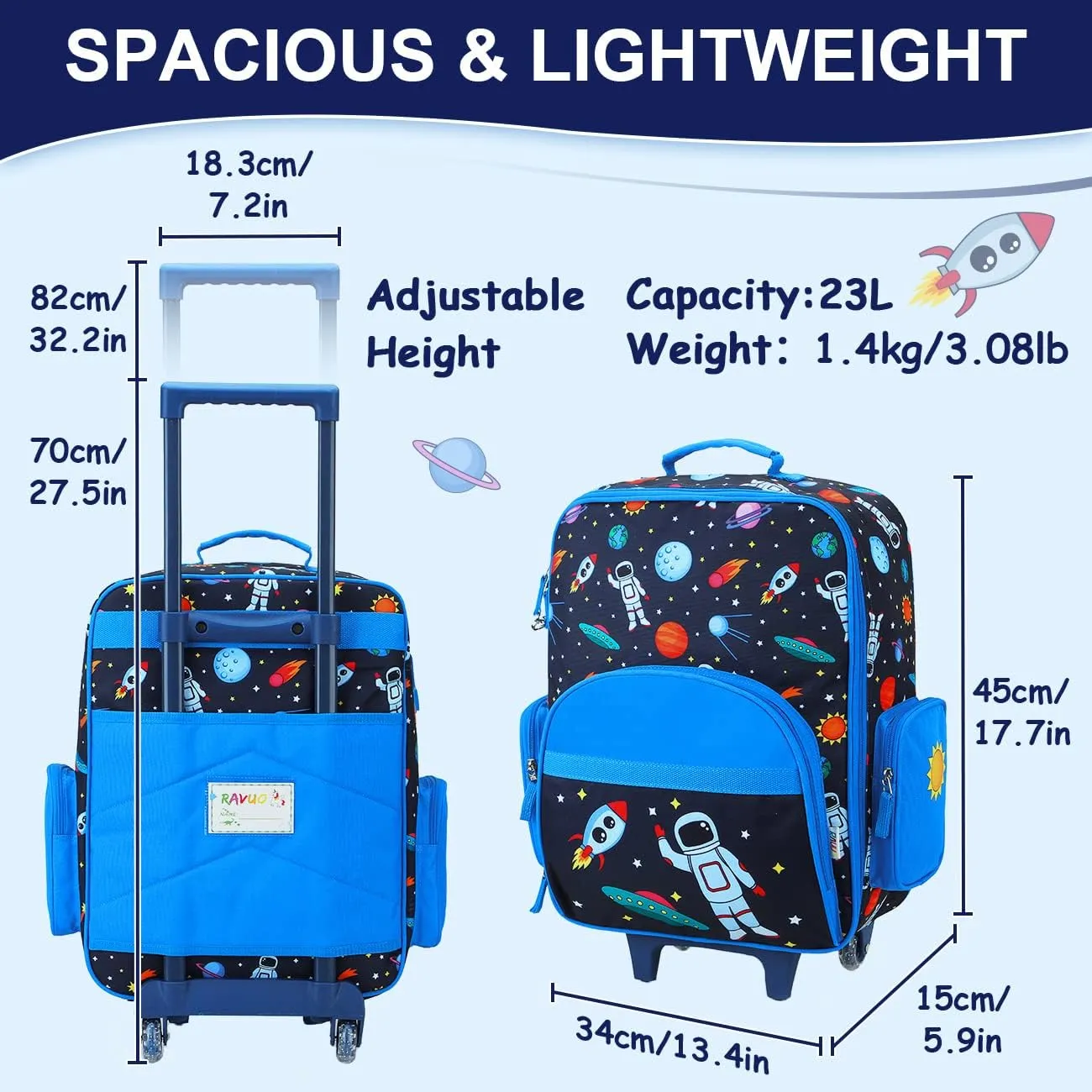 RAVUO Kids Luggage with Wheels for Boys Girls, Cute Travel Carry On Suitcase for Children Toddlers Classic Rolling Luggage with Large Front Pocket for School and Overnight