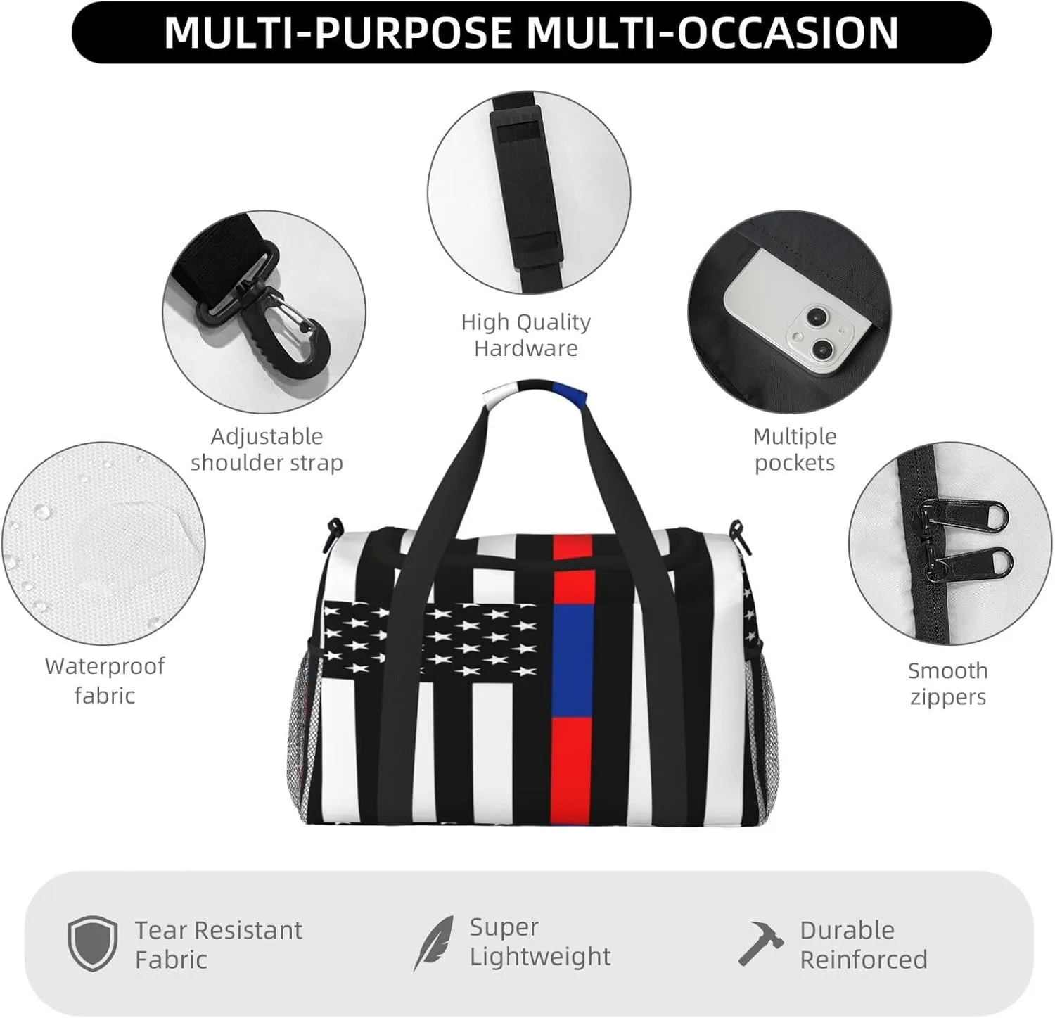 Red Blue Line American Flag Travel Duffel Bag Large Foldable Waterproof Overnight Bag For Beach Swim Bags Pool Sports Gym