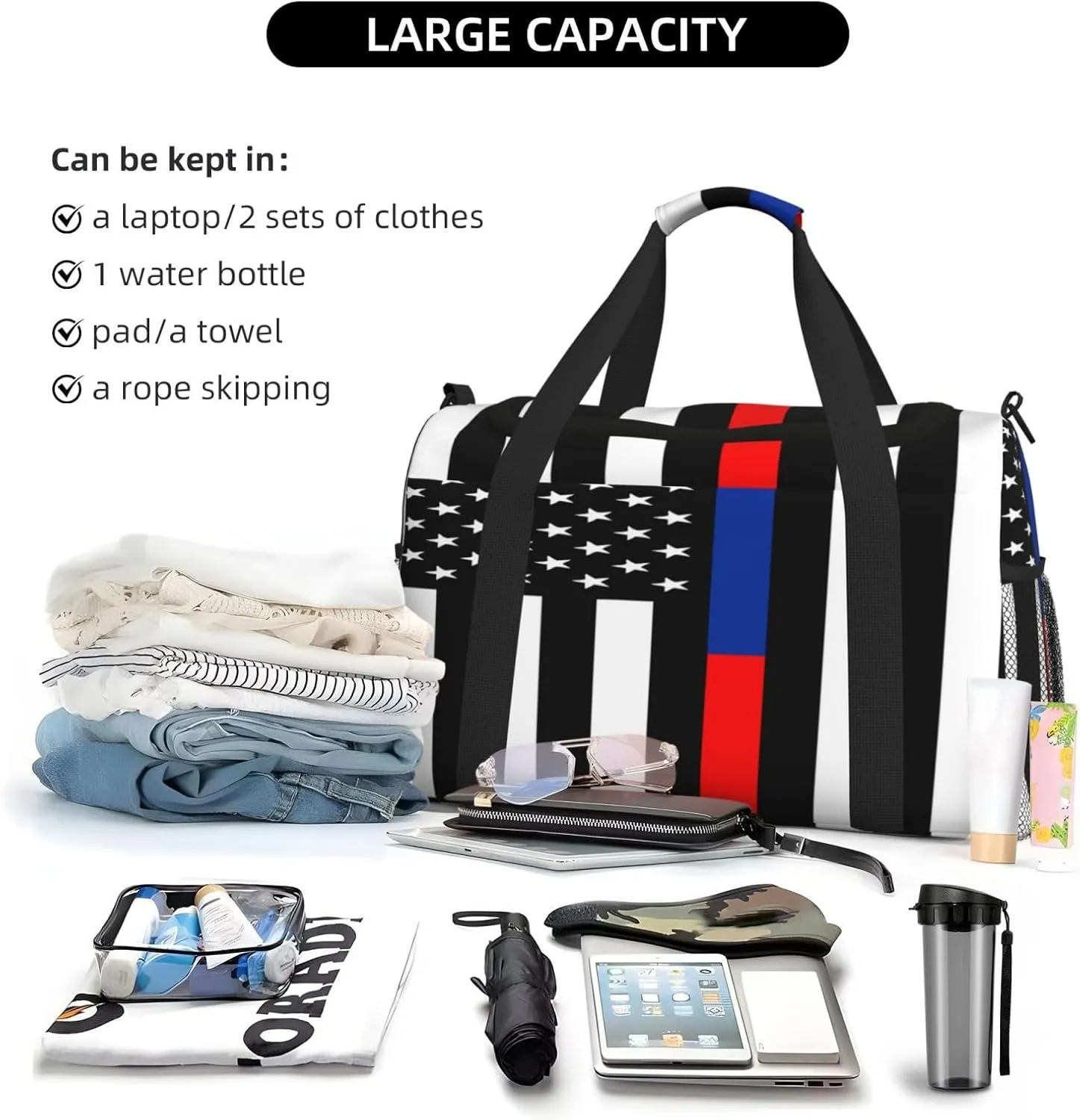 Red Blue Line American Flag Travel Duffel Bag Large Foldable Waterproof Overnight Bag For Beach Swim Bags Pool Sports Gym