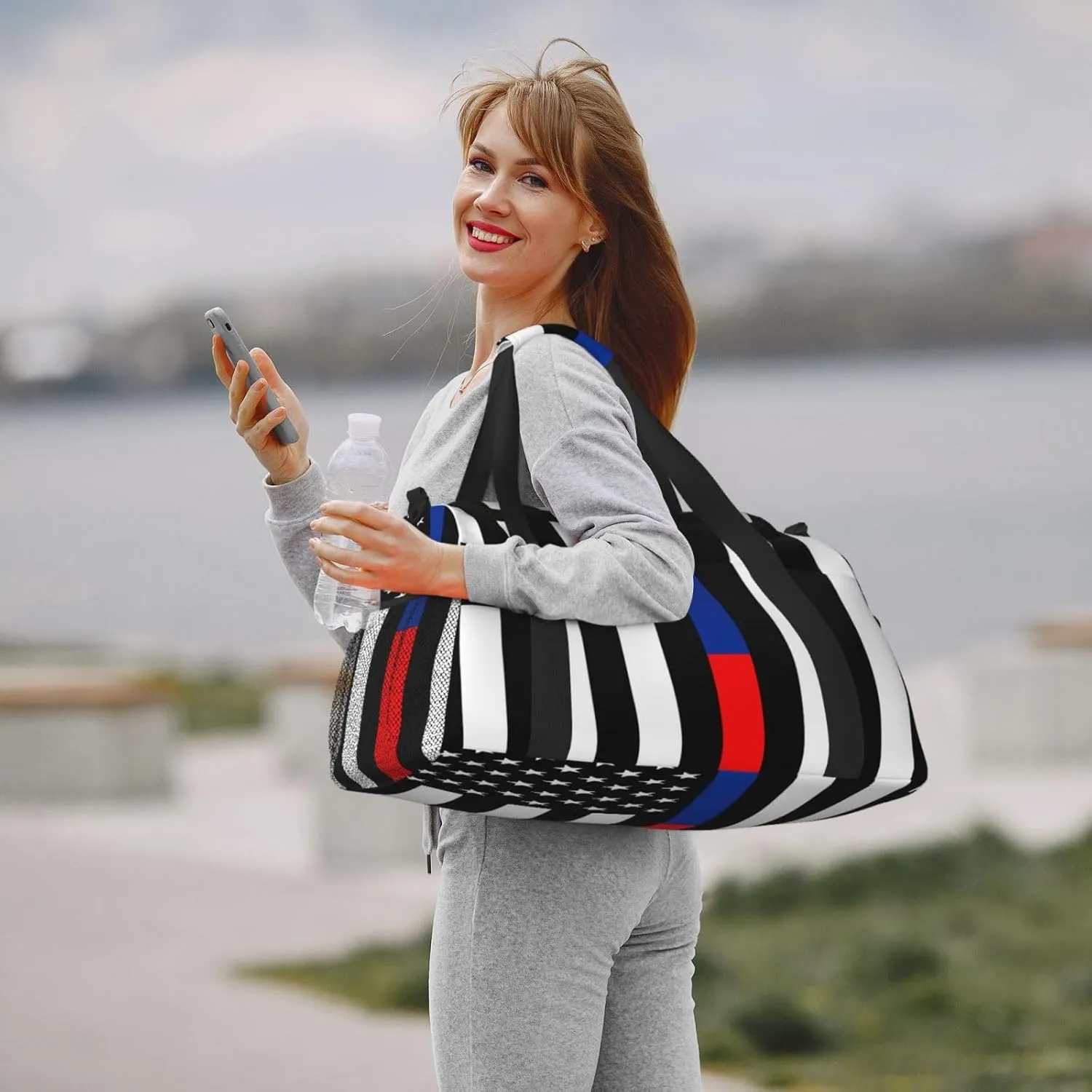 Red Blue Line American Flag Travel Duffel Bag Large Foldable Waterproof Overnight Bag For Beach Swim Bags Pool Sports Gym