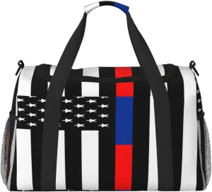 Red Blue Line American Flag Travel Duffel Bag Large Foldable Waterproof Overnight Bag For Beach Swim Bags Pool Sports Gym