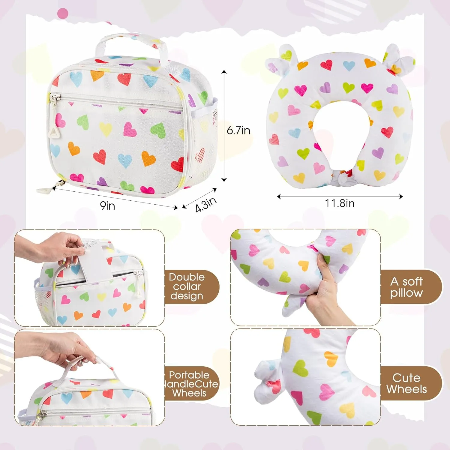 Redbaker 6 Pcs Kids Luggage Set 17 Inch Kids Rolling Luggage Double Pattern Suitcase for Girls Boys Gift(White,Love Style)