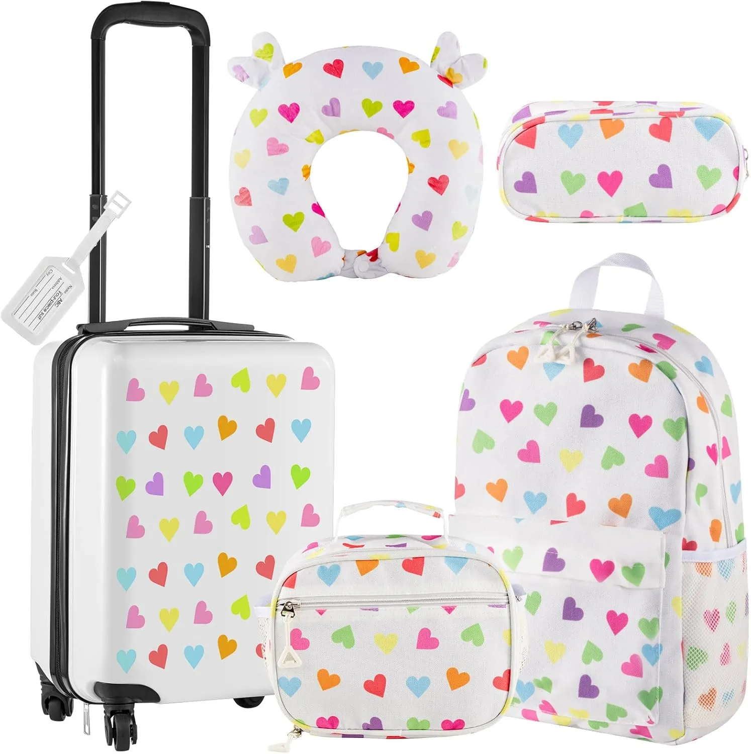 Redbaker 6 Pcs Kids Luggage Set 17 Inch Kids Rolling Luggage Double Pattern Suitcase for Girls Boys Gift(White,Love Style)