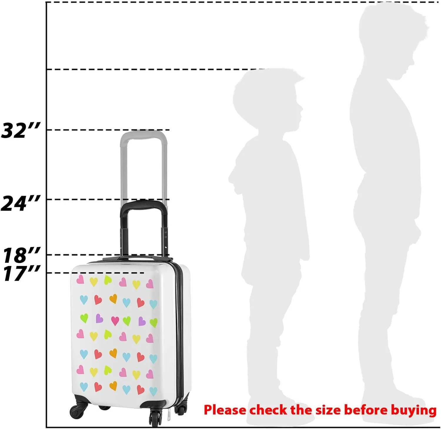 Redbaker 6 Pcs Kids Luggage Set 17 Inch Kids Rolling Luggage Double Pattern Suitcase for Girls Boys Gift(White,Love Style)