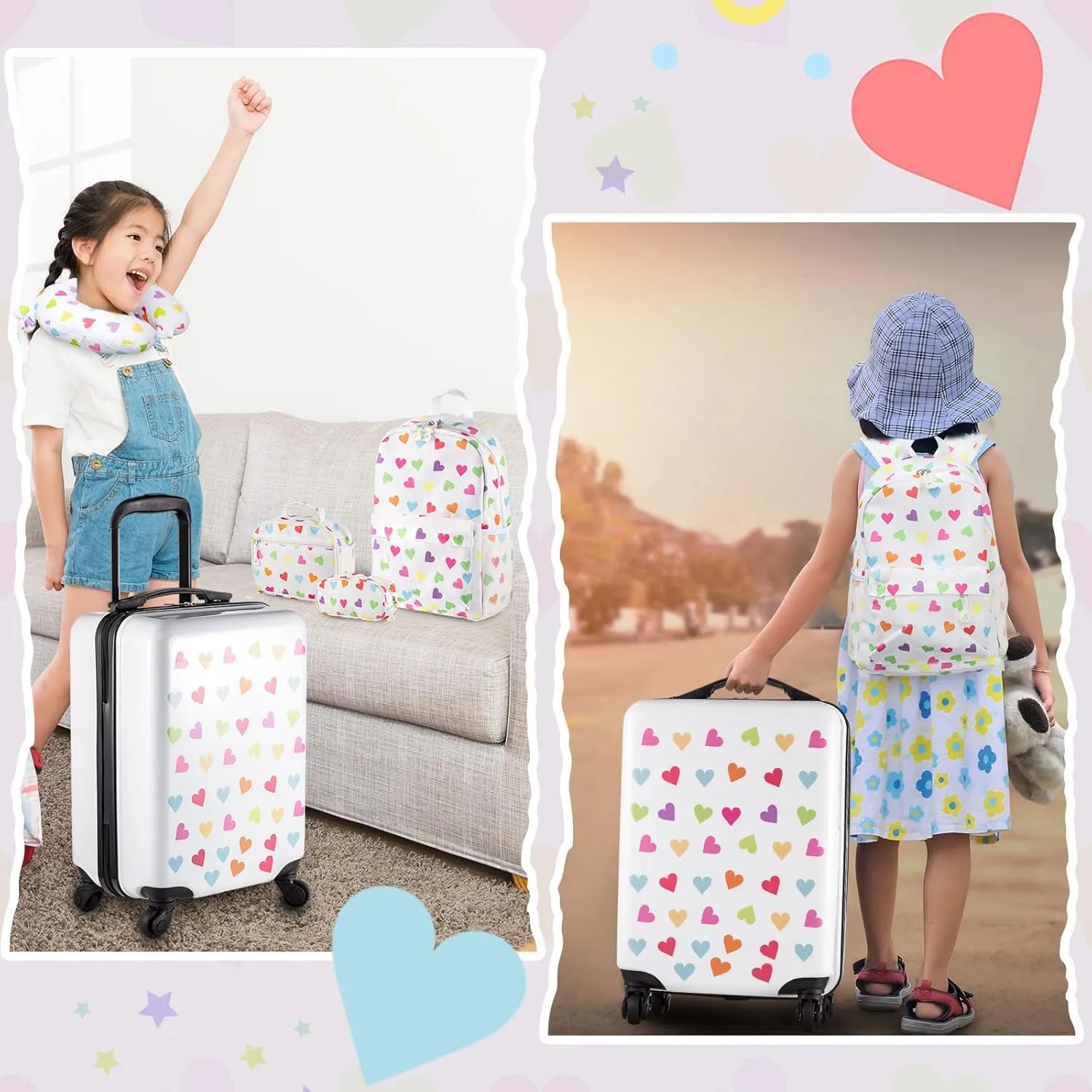 Redbaker 6 Pcs Kids Luggage Set 17 Inch Kids Rolling Luggage Double Pattern Suitcase for Girls Boys Gift(White,Love Style)