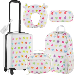 Redbaker 6 Pcs Kids Luggage Set 17 Inch Kids Rolling Luggage Double Pattern Suitcase for Girls Boys Gift(White,Love Style)