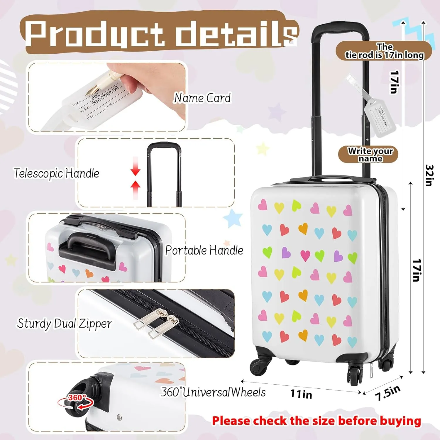 Redbaker 6 Pcs Kids Luggage Set 17 Inch Kids Rolling Luggage Double Pattern Suitcase for Girls Boys Gift(White,Love Style)