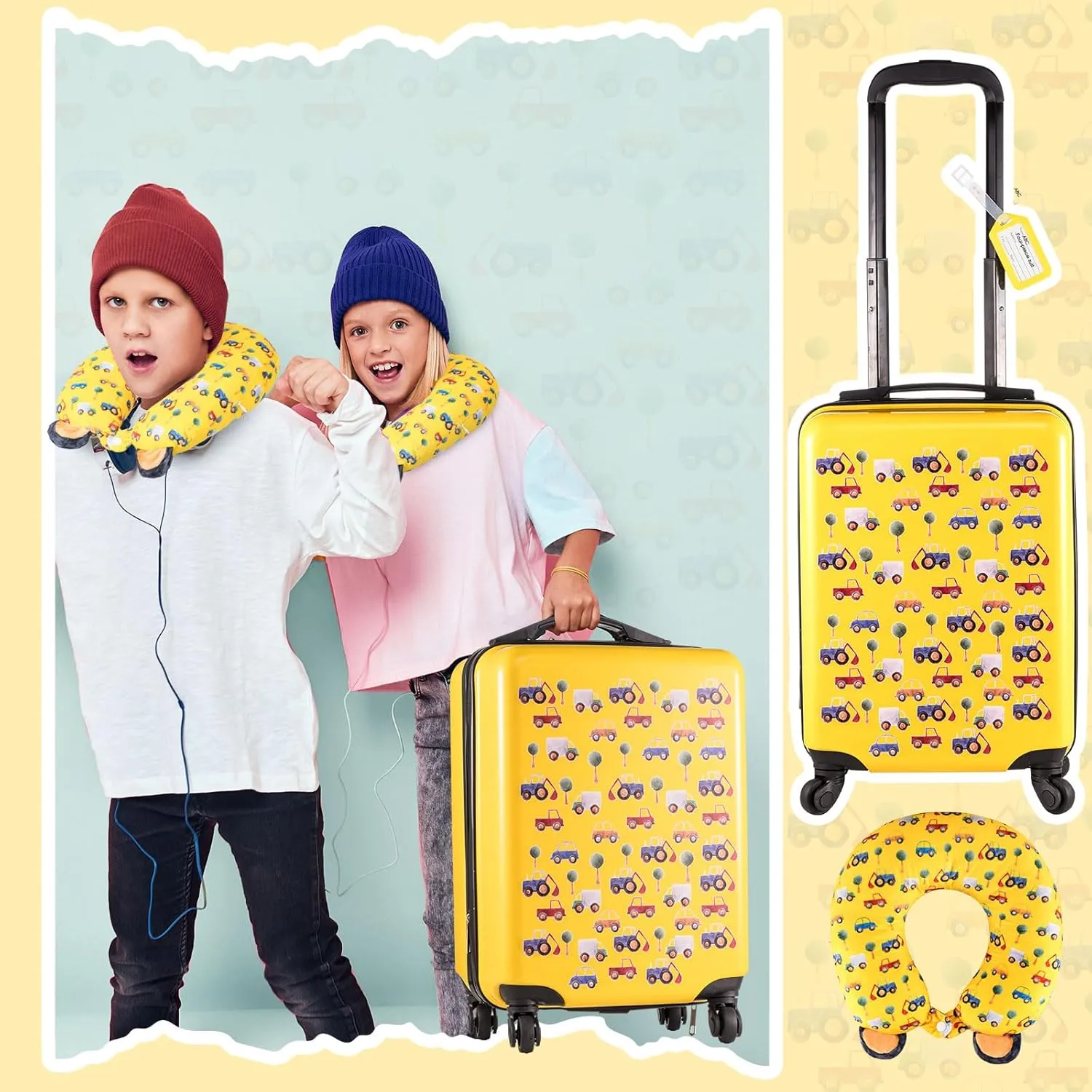 Redbaker 6 Pcs Kids Luggage Set 17 Inch Kids Rolling Luggage Double Pattern Suitcase for Girls Boys Gift(Yellow,Car Style)