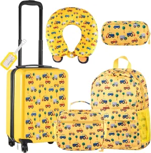 Redbaker 6 Pcs Kids Luggage Set 17 Inch Kids Rolling Luggage Double Pattern Suitcase for Girls Boys Gift(Yellow,Car Style)