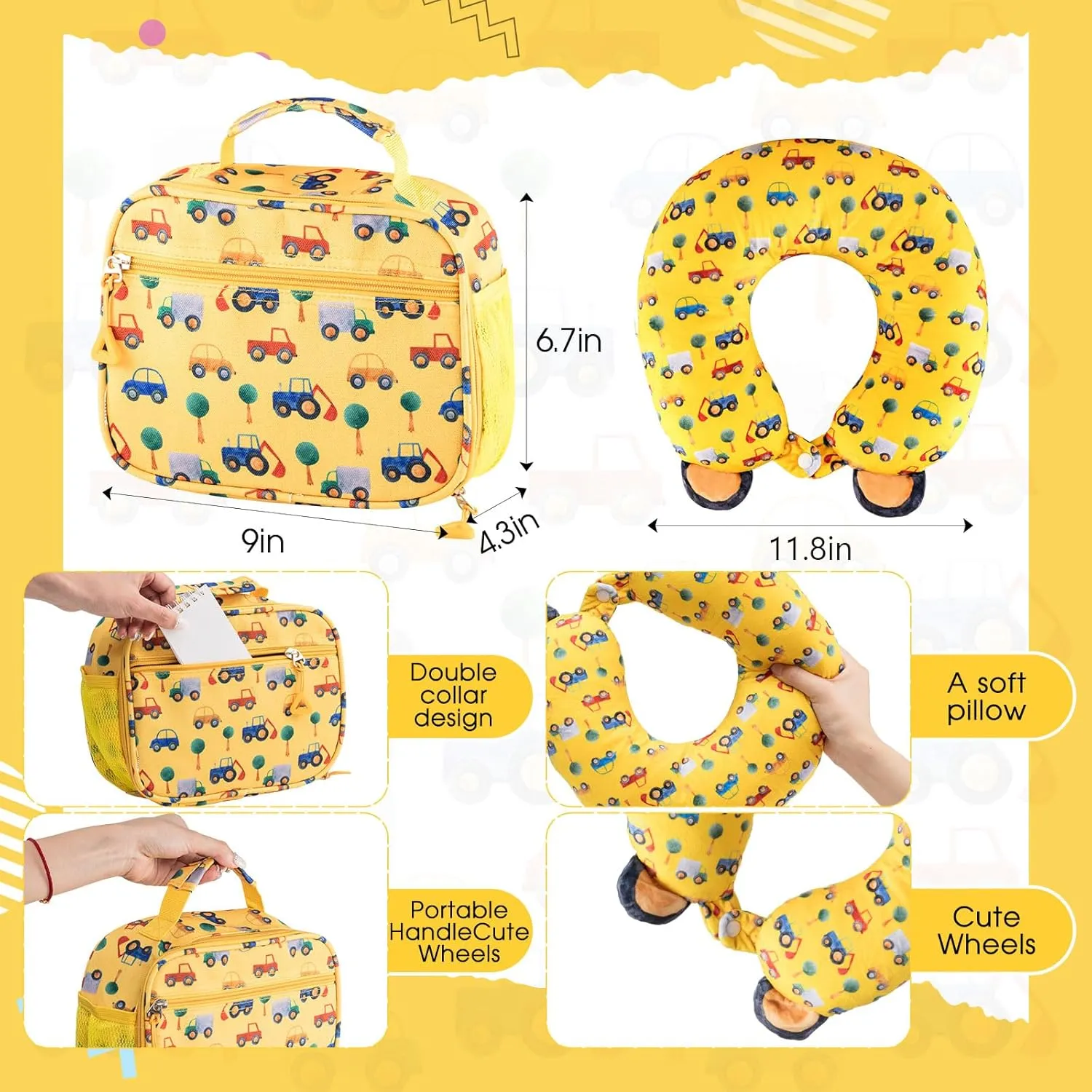 Redbaker 6 Pcs Kids Luggage Set 17 Inch Kids Rolling Luggage Double Pattern Suitcase for Girls Boys Gift(Yellow,Car Style)