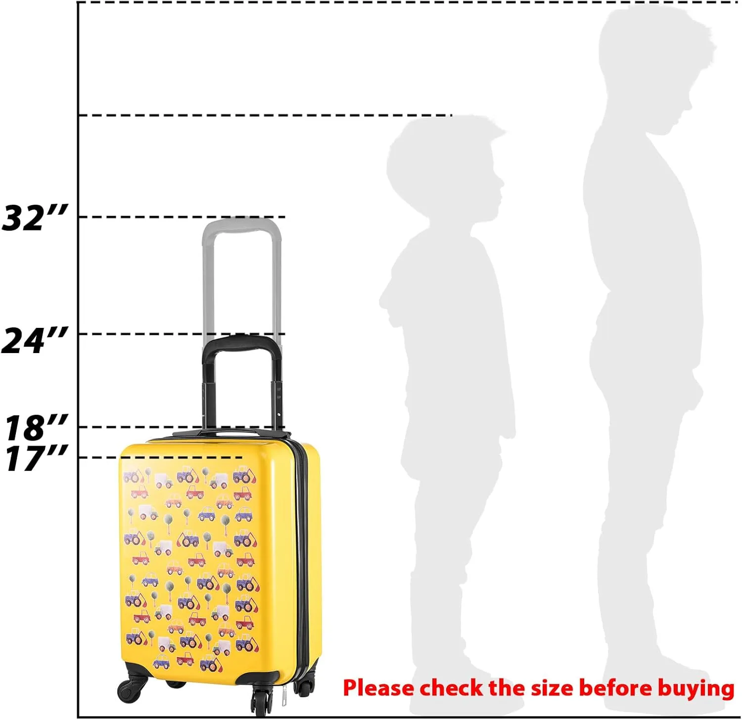 Redbaker 6 Pcs Kids Luggage Set 17 Inch Kids Rolling Luggage Double Pattern Suitcase for Girls Boys Gift(Yellow,Car Style)