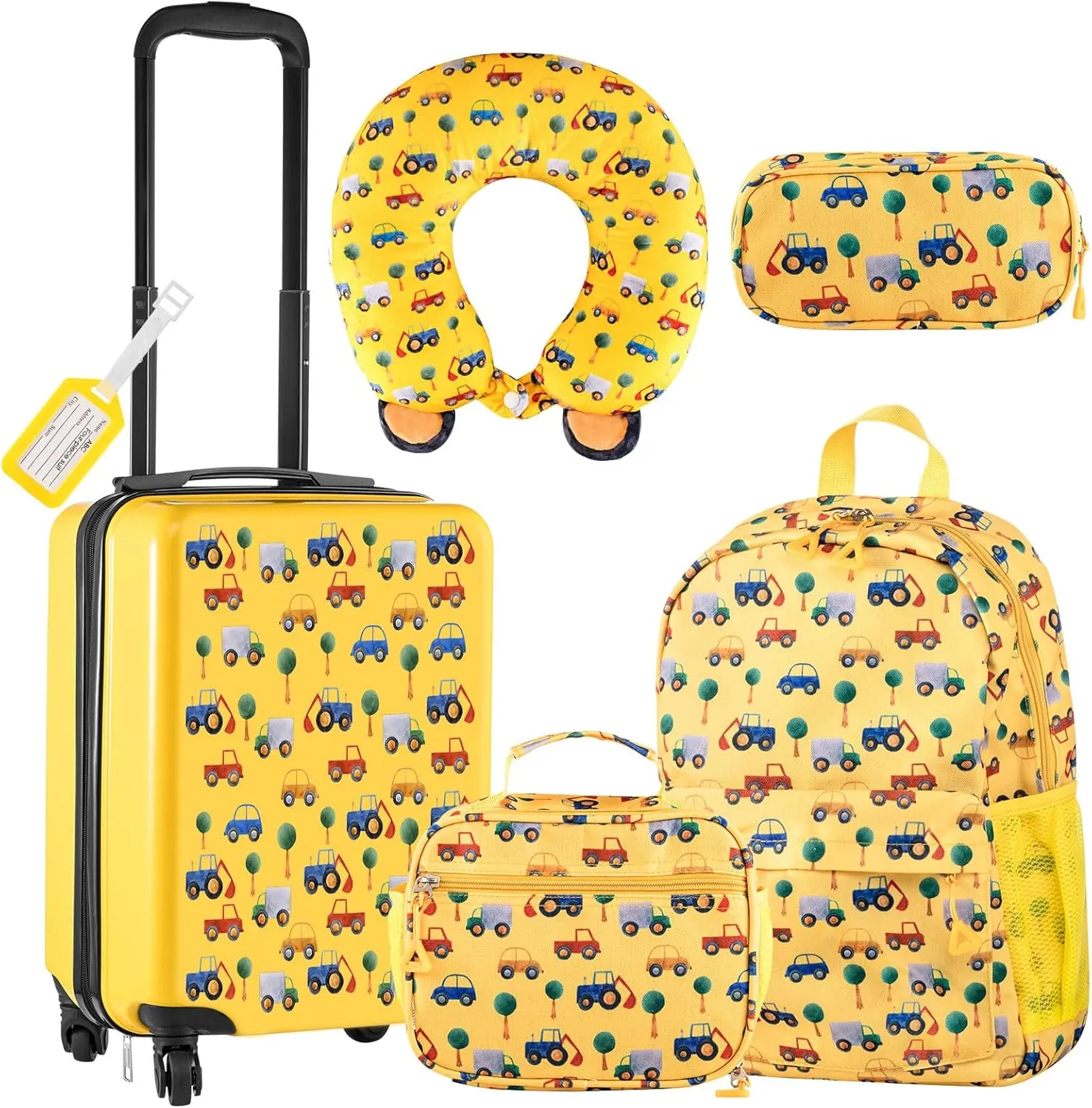 Redbaker 6 Pcs Kids Luggage Set 17 Inch Kids Rolling Luggage Double Pattern Suitcase for Girls Boys Gift(Yellow,Car Style)