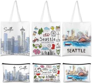 Reginary 6 Pcs City Souvenirs Gifts New York Italy Chicago Seattle Los Angeles Souvenir Canvas Tote Bag Cosmetic Bag Women(Seattle)