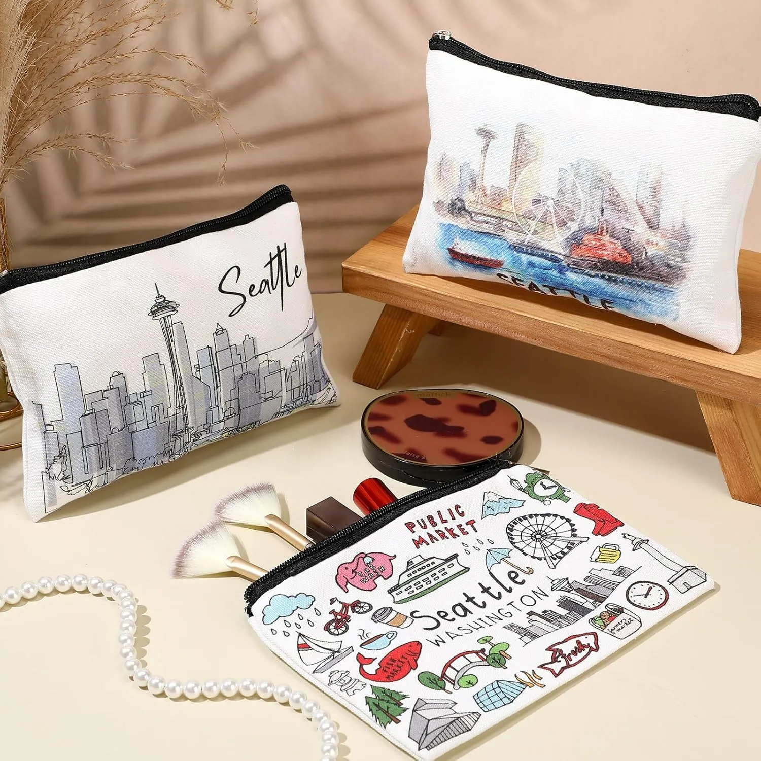 Reginary 6 Pcs City Souvenirs Gifts New York Italy Chicago Seattle Los Angeles Souvenir Canvas Tote Bag Cosmetic Bag Women(Seattle)