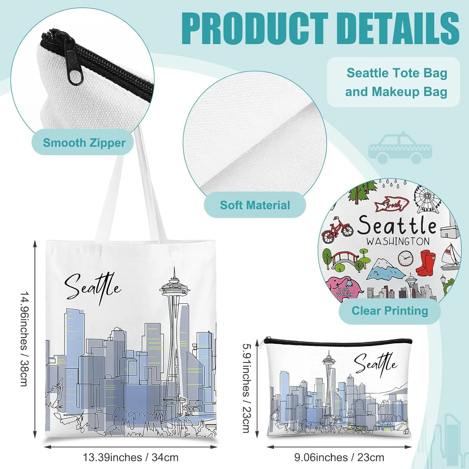 Reginary 6 Pcs City Souvenirs Gifts New York Italy Chicago Seattle Los Angeles Souvenir Canvas Tote Bag Cosmetic Bag Women(Seattle)