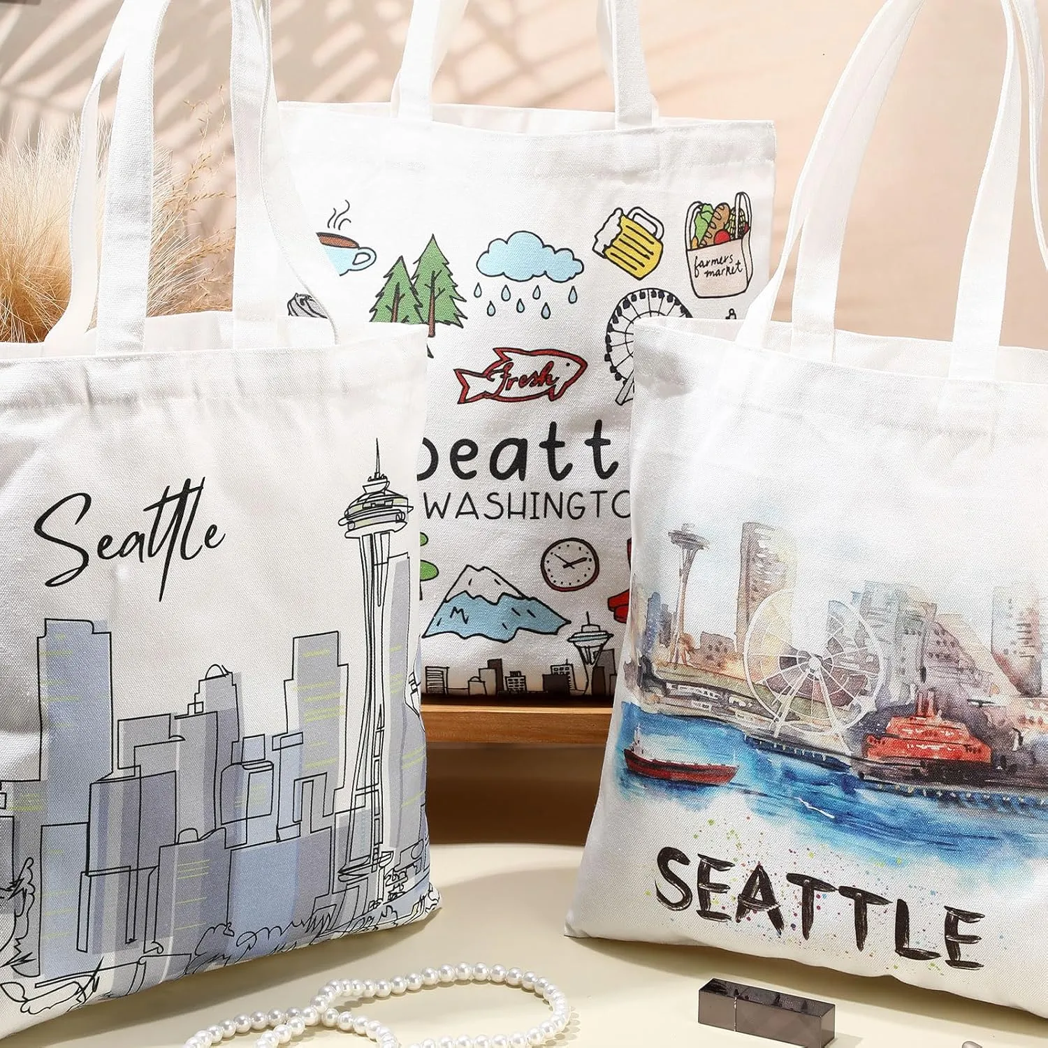 Reginary 6 Pcs City Souvenirs Gifts New York Italy Chicago Seattle Los Angeles Souvenir Canvas Tote Bag Cosmetic Bag Women(Seattle)