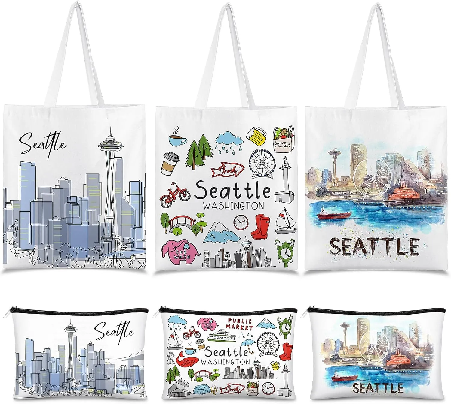 Reginary 6 Pcs City Souvenirs Gifts New York Italy Chicago Seattle Los Angeles Souvenir Canvas Tote Bag Cosmetic Bag Women(Seattle)