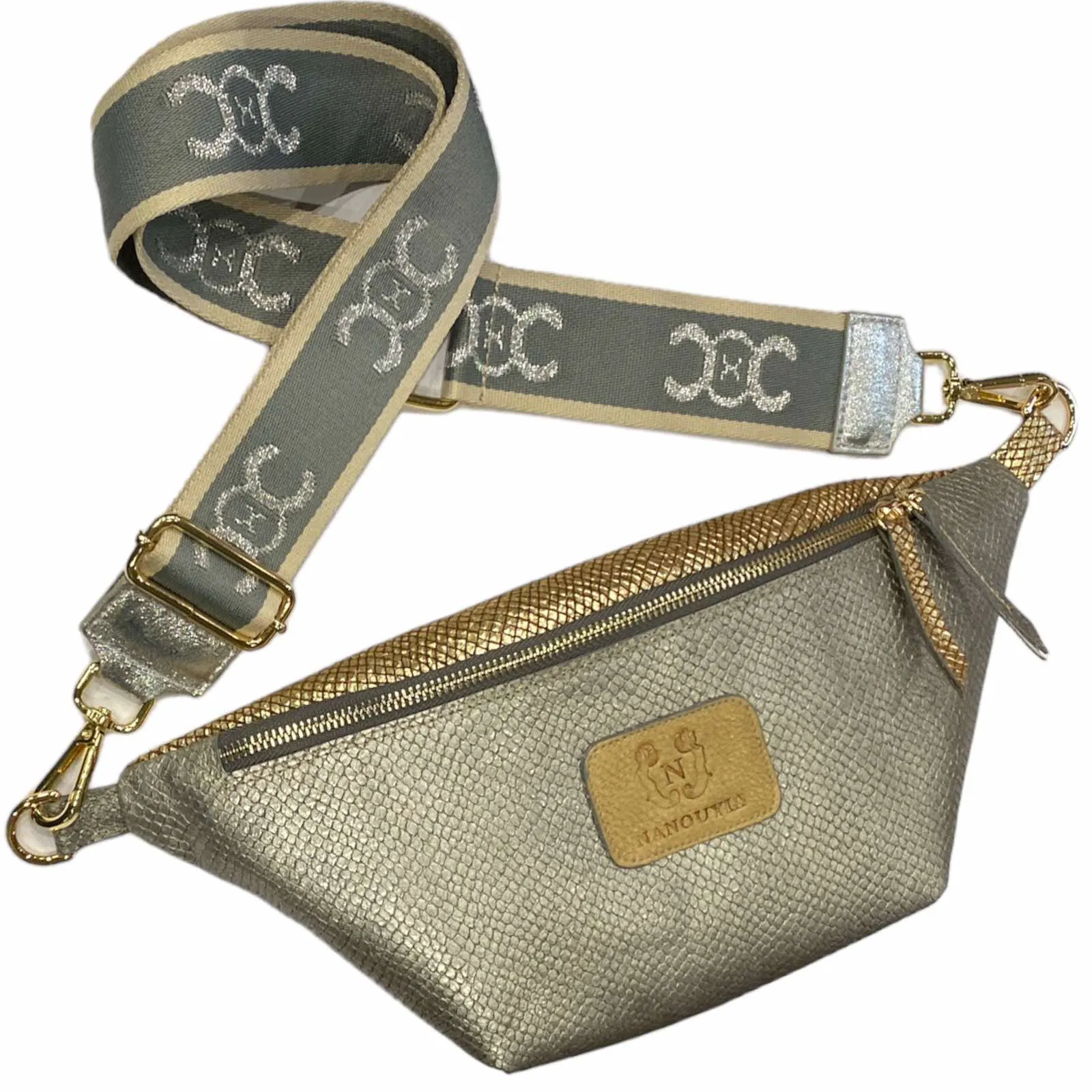 REGULAR. DARK SILVER AND GOLD LEATHER BELT BAG