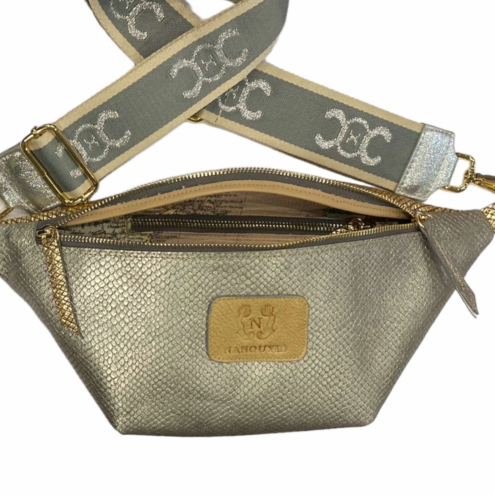 REGULAR. DARK SILVER AND GOLD LEATHER BELT BAG